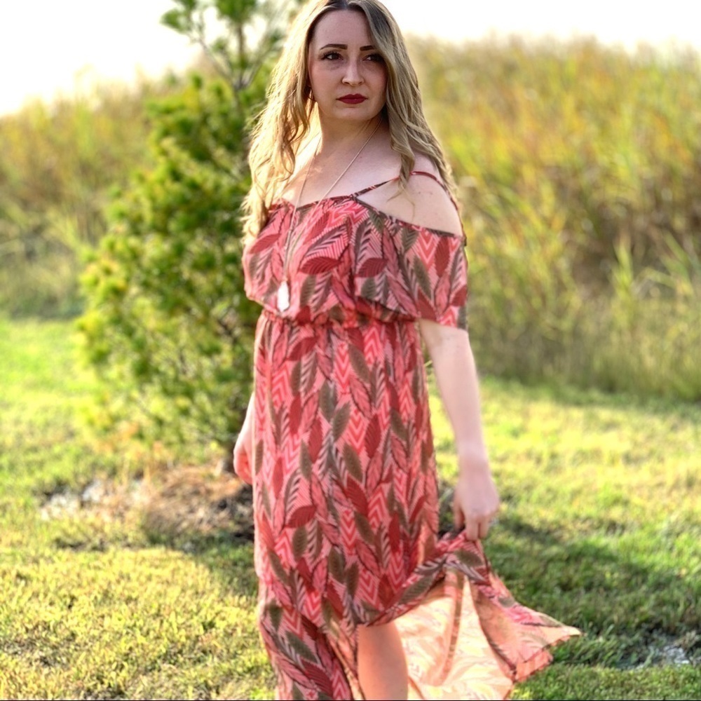 Charming Charlie Cold Shoulder Coral and Brown Retro Leaves Maxi Dress